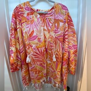 C&C California Tropical Floral Boho Tassel Peasant Tunic Coverup Blouse Large